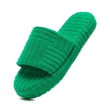 Jakcuz Terry Towelling Slippers for Women Girls Flatform Open Toe Comfortable Slide Sandals Solid Green Size 9.5