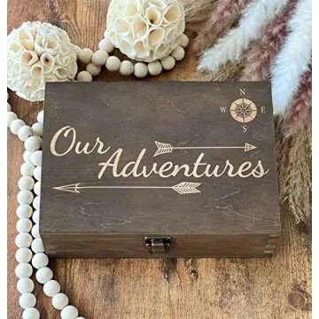 Dark Walnut Wooden Keepsake Box Our Adventures - 8.5x6x3in, Ideal for 5th Anniversary, Elegant Memory Box for Couples, Travel-Themed Storage