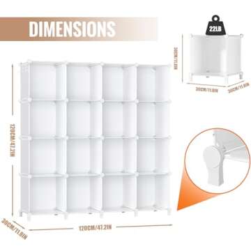 Neprock 16 Cubby Storage Organizer, Closet Clothes Storage Organizer, Cube Shelves Closet Organizers and Storage Shelves for Clothing Storage with Hammer, Bookshelf for Kids (White)