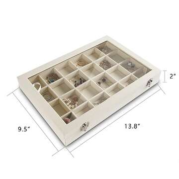 Frebeauty Jewelry Organizer Tray with Clear Lid – Elegant 24 Grid Velvet Storage Box for Stylish J...