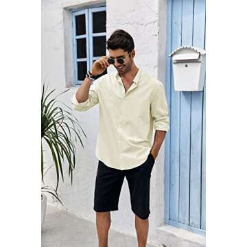 Makkrom Men Linen Shirt Button Down Long Sleeve Cotton Beach Band Collar Casual Summer Shirts