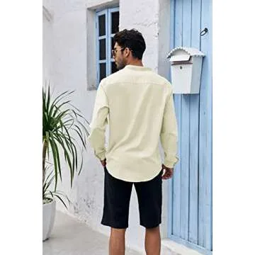 Makkrom Men Linen Shirt Button Down Long Sleeve Cotton Beach Band Collar Casual Summer Shirts