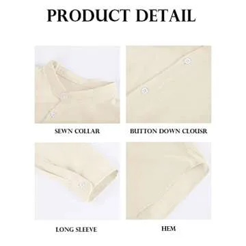 Makkrom Men Linen Shirt Button Down Long Sleeve Cotton Beach Band Collar Casual Summer Shirts