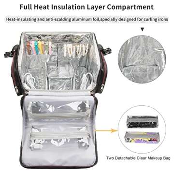 Large Makeup Train Case,Cosmetic Makeup Case for Hairstylist, Hairdresser Bag with Detachable Pouch,Heat Insulation and Anti-scalding Full layer for Hairdressing Tool Organizer Trolley with wheels