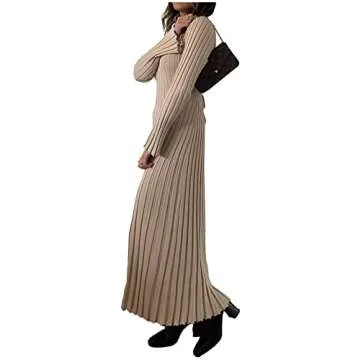 ECDAHICC Women's Sexy Ribbed Knit Sweater Dress Casual Long Sleeve V Neck Bodycon Pleated A Line Long Dress Streetwear (AP,L)