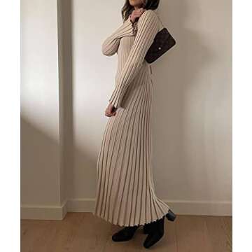 ECDAHICC Women's Sexy Ribbed Knit Sweater Dress Casual Long Sleeve V Neck Bodycon Pleated A Line Long Dress Streetwear (AP,L)