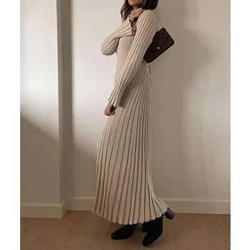 ECDAHICC Women's Sexy Ribbed Knit Sweater Dress Casual Long Sleeve V Neck Bodycon Pleated A Line Long Dress Streetwear (AP,L)