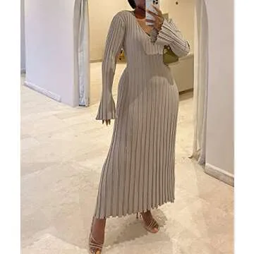 ECDAHICC Women's Sexy Ribbed Knit Sweater Dress Casual Long Sleeve V Neck Bodycon Pleated A Line Long Dress Streetwear (AP,L)