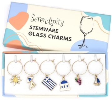 Greek Wine Glass Charms, Gift for Greeks, Greece Inspired Glass Identifiers, Set Include 6 charms: G...