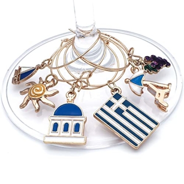 Greek Wine Glass Charms, Gift for Greeks, Greece Inspired Glass Identifiers, Set Include 6 charms: Greek Flag, Santorini Chapel, Sun, Sunbed, Boat and Grape, Greek Woman Gift