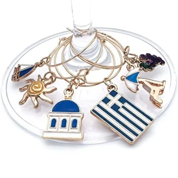 Greek Wine Glass Charms, Gift for Greeks, Greece Inspired Glass Identifiers, Set Include 6 charms: Greek Flag, Santorini Chapel, Sun, Sunbed, Boat and Grape, Greek Woman Gift