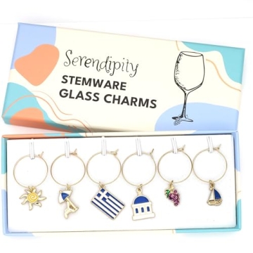 Greek Wine Glass Charms, Gift for Greeks, Greece Inspired Glass Identifiers, Set Include 6 charms: Greek Flag, Santorini Chapel, Sun, Sunbed, Boat and Grape, Greek Woman Gift