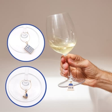 Greek Wine Glass Charms, Gift for Greeks, Greece Inspired Glass Identifiers, Set Include 6 charms: Greek Flag, Santorini Chapel, Sun, Sunbed, Boat and Grape, Greek Woman Gift