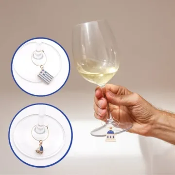 Greek Wine Glass Charms, Gift for Greeks, Greece Inspired Glass Identifiers, Set Include 6 charms: Greek Flag, Santorini Chapel, Sun, Sunbed, Boat and Grape, Greek Woman Gift