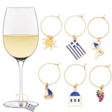 Greek Wine Glass Charms, Gift for Greeks, Greece Inspired Glass Identifiers, Set Include 6 charms: Greek Flag, Santorini Chapel, Sun, Sunbed, Boat and Grape, Greek Woman Gift