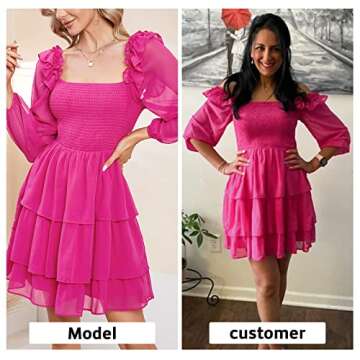 Byinns Women's Smocked Ruffle Mini Dress - Square Neck Party Dress in Pink for All Occasions