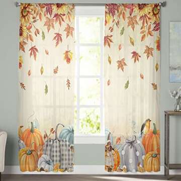 Thanksgiving Pumpkin Semi Sheer Curtains 63 inch Length, Autumn Maple Leaves Fallen Leaf Sunflower F...
