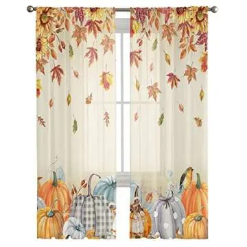 Thanksgiving Pumpkin Semi Sheer Curtains 63 inch Length, Autumn Maple Leaves Fallen Leaf Sunflower Fall Window Treatments Curtains,Light Filter Rod Pocket Drapes for Living Room Bedroom Decor,2 Panels