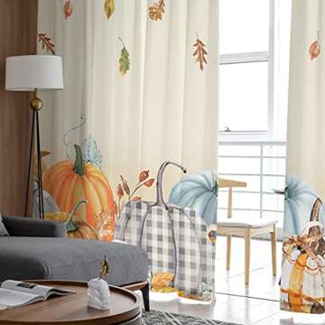 Thanksgiving Pumpkin Semi Sheer Curtains 63 inch Length, Autumn Maple Leaves Fallen Leaf Sunflower Fall Window Treatments Curtains,Light Filter Rod Pocket Drapes for Living Room Bedroom Decor,2 Panels