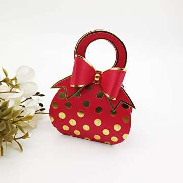 50pcs Red and Gold Bowknot Handbag with Gold Foil Dot Wedding Favor boxes Candy Box with Bow with ha...