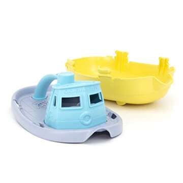 Green Toys Tugboat, Grey/Yellow/Turquoise Assorted - Pretend Play, Motor Skills, Kids Bath Toy Floating Pouring Vehicle. No BPA, phthalates, PVC. Dishwasher Safe, Recycled Plastic, Made in USA.