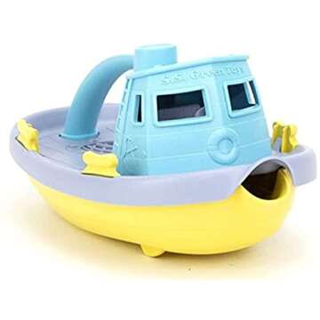 Green Toys Tugboat, Grey/Yellow/Turquoise Assorted - Pretend Play, Motor Skills, Kids Bath Toy Floating Pouring Vehicle. No BPA, phthalates, PVC. Dishwasher Safe, Recycled Plastic, Made in USA.