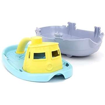 Green Toys Tugboat, Grey/Yellow/Turquoise Assorted - Pretend Play, Motor Skills, Kids Bath Toy Floating Pouring Vehicle. No BPA, phthalates, PVC. Dishwasher Safe, Recycled Plastic, Made in USA.