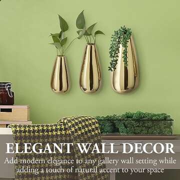 MyGift 3 Piece Set Wall Mounted Glossy Gold Tone Ceramic Teardrop Shape Plant Containers, Decorative Indoor Hanging Succulent Planter Pots Flower Vases