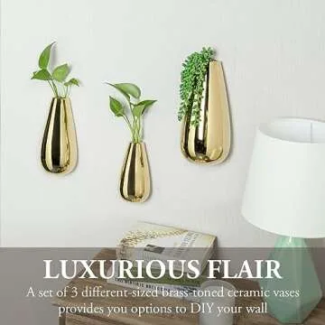 MyGift 3 Piece Set Wall Mounted Glossy Gold Tone Ceramic Teardrop Shape Plant Containers, Decorative Indoor Hanging Succulent Planter Pots Flower Vases