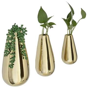MyGift 3 Piece Set Wall Mounted Glossy Gold Tone Ceramic Teardrop Shape Plant Containers, Decorative Indoor Hanging Succulent Planter Pots Flower Vases