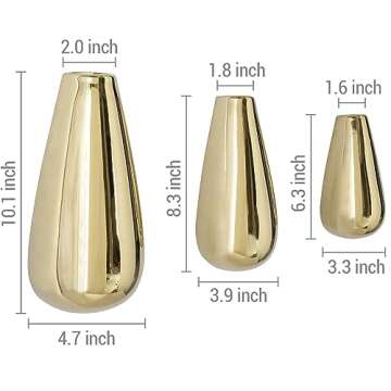 MyGift 3 Piece Set Wall Mounted Glossy Gold Tone Ceramic Teardrop Shape Plant Containers, Decorative Indoor Hanging Succulent Planter Pots Flower Vases