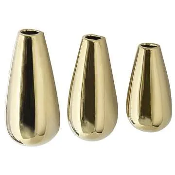 MyGift 3 Piece Set Wall Mounted Glossy Gold Tone Ceramic Teardrop Shape Plant Containers, Decorative Indoor Hanging Succulent Planter Pots Flower Vases