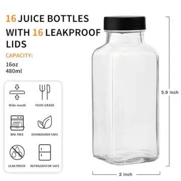 16 Pack 16 OZ Glass Juice Bottles with Airtight Lids & 4 Straws & 6 Lids w Hole, Reusbale Clear Glas...