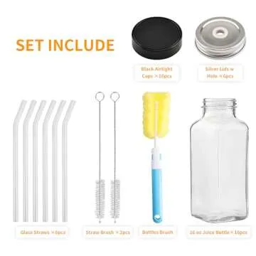 16 Pack 16 OZ Glass Juice Bottles with Airtight Lids & 4 Straws & 6 Lids w Hole, Reusbale Clear Glass Homemade Drinking Jars, Glass Bottles for Juicing, Smoothies, Water, Milk, Kombucha