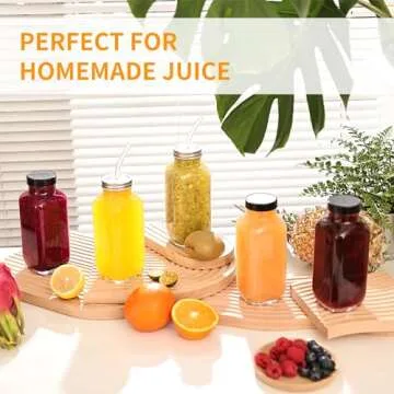 16 Pack 16 OZ Glass Juice Bottles with Airtight Lids & 4 Straws & 6 Lids w Hole, Reusbale Clear Glass Homemade Drinking Jars, Glass Bottles for Juicing, Smoothies, Water, Milk, Kombucha