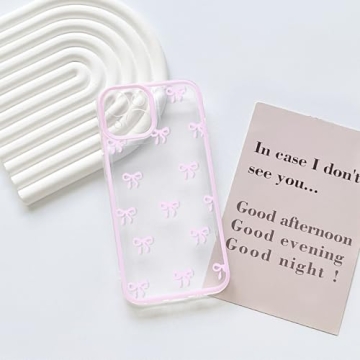 NITITOP Compatible with iPhone 15 Case Cute Clear Pink Durable Ribbon Bowknot Pattern for Girls Women Soft TPU Transparent Full Camera Lens Shockproof Protective Phone Cover - Pink