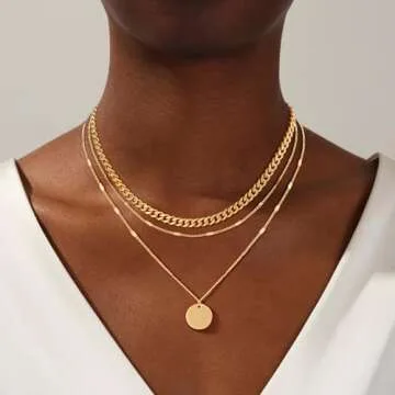 layered gold necklaces for women，Stackable Stack 14K Gold Plated Chain Necklace Trendy Layering Si...