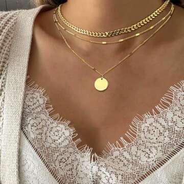 layered gold necklaces for women，Stackable Stack 14K Gold Plated Chain Necklace Trendy Layering Simple Circle Coin Choker Pendant Necklaces Set Gold Jewelry for women Gifts