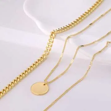 layered gold necklaces for women，Stackable Stack 14K Gold Plated Chain Necklace Trendy Layering Simple Circle Coin Choker Pendant Necklaces Set Gold Jewelry for women Gifts