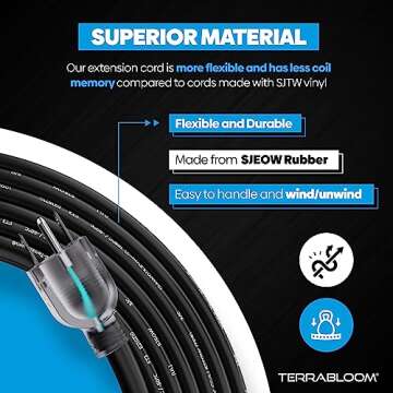 TerraBloom 14/3 Heavy Duty Extension Cord 15 FT Outdoor - Black Outdoor Extension Cord Multiple Outlet - Ultra-Flexible SJEOW Rubber, Light Indicator, Triple Outlet for Maximum Efficiency - 15 Amp