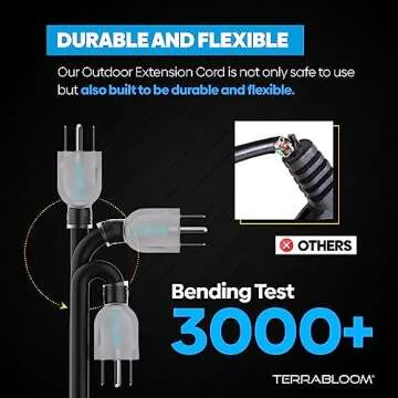TerraBloom 14/3 Heavy Duty Extension Cord 15 FT Outdoor - Black Outdoor Extension Cord Multiple Outlet - Ultra-Flexible SJEOW Rubber, Light Indicator, Triple Outlet for Maximum Efficiency - 15 Amp