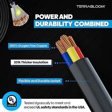 TerraBloom 14/3 Heavy Duty Extension Cord 15 FT Outdoor - Black Outdoor Extension Cord Multiple Outlet - Ultra-Flexible SJEOW Rubber, Light Indicator, Triple Outlet for Maximum Efficiency - 15 Amp