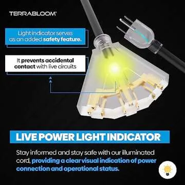 TerraBloom 14/3 Heavy Duty Extension Cord 15 FT Outdoor - Black Outdoor Extension Cord Multiple Outlet - Ultra-Flexible SJEOW Rubber, Light Indicator, Triple Outlet for Maximum Efficiency - 15 Amp