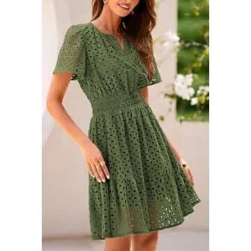 PRETTYGARDEN Womens 2025 Summer Short Dress V Neck Short Sleeve A Line Hollow Out Lace Ruffle Cute Casual Beach Party Dresses (Army Green,XX-Large)