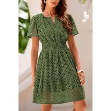PRETTYGARDEN Womens 2025 Summer Short Dress V Neck Short Sleeve A Line Hollow Out Lace Ruffle Cute Casual Beach Party Dresses (Army Green,XX-Large)
