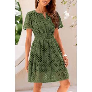 PRETTYGARDEN Womens 2025 Summer Short Dress V Neck Short Sleeve A Line Hollow Out Lace Ruffle Cute Casual Beach Party Dresses (Army Green,XX-Large)
