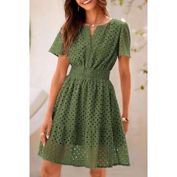 PRETTYGARDEN Womens 2025 Summer Short Dress V Neck Short Sleeve A Line Hollow Out Lace Ruffle Cute Casual Beach Party Dresses (Army Green,XX-Large)