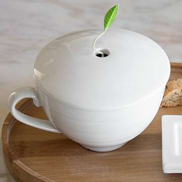Tea Forte Cafe Cup White Porcelain Tea Cup and Lid, Steeps 8 oz., Microwave and Dishwasher Safe