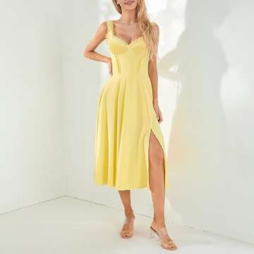 Women Vintage Corset Dress Sweetheart Neckline Sleeveless Lace Up Side Slit Swing Elegant Midi Party Cocktail Dress (Yellow, S)