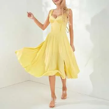 Women Vintage Corset Dress Sweetheart Neckline Sleeveless Lace Up Side Slit Swing Elegant Midi Party Cocktail Dress (Yellow, S)